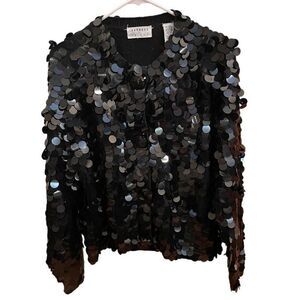 Vtg Express Tricot Womens Black Jumbo Sequin Cardigan S New Years Eve Disco